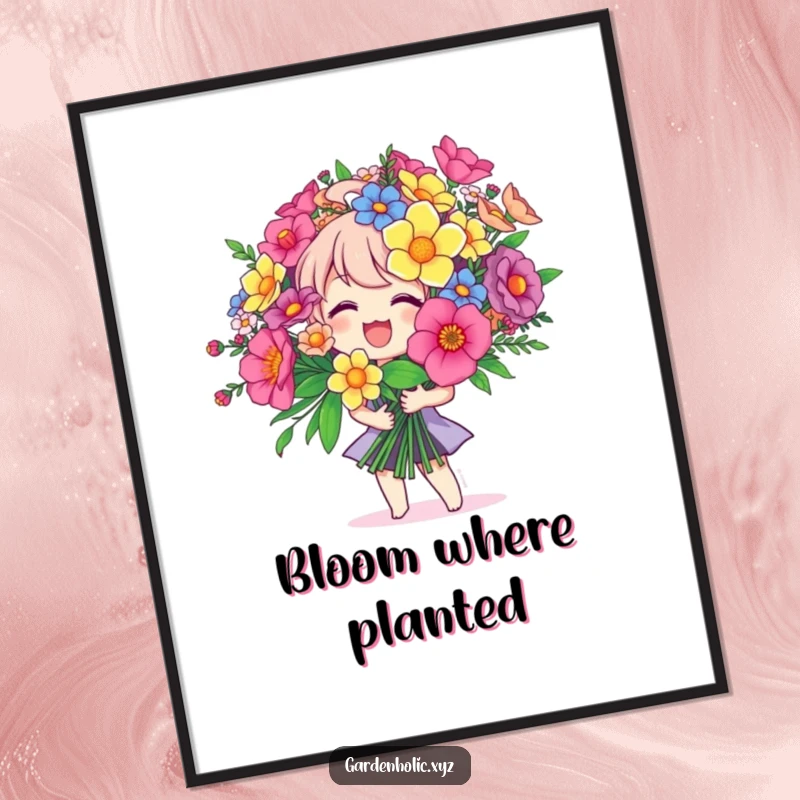 Funny poster of a joyful character holding a huge, colorful bouquet, bringing cheer and beauty to any room, a lovely funny gift.