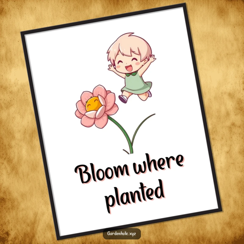 Funny Poster: A dynamic illustration of a character mid-jump over a large, colorful blooming flower, symbolizing joy.