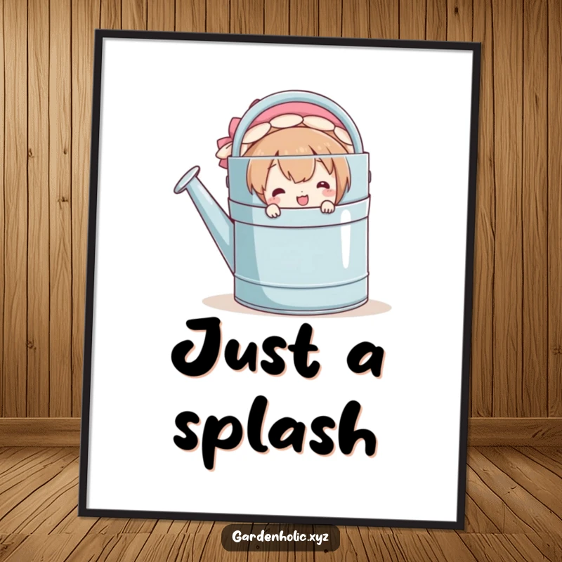 Funny poster showing a character with a cheerful smile, playfully peeking over the top of an enormous watering can, full of charm.