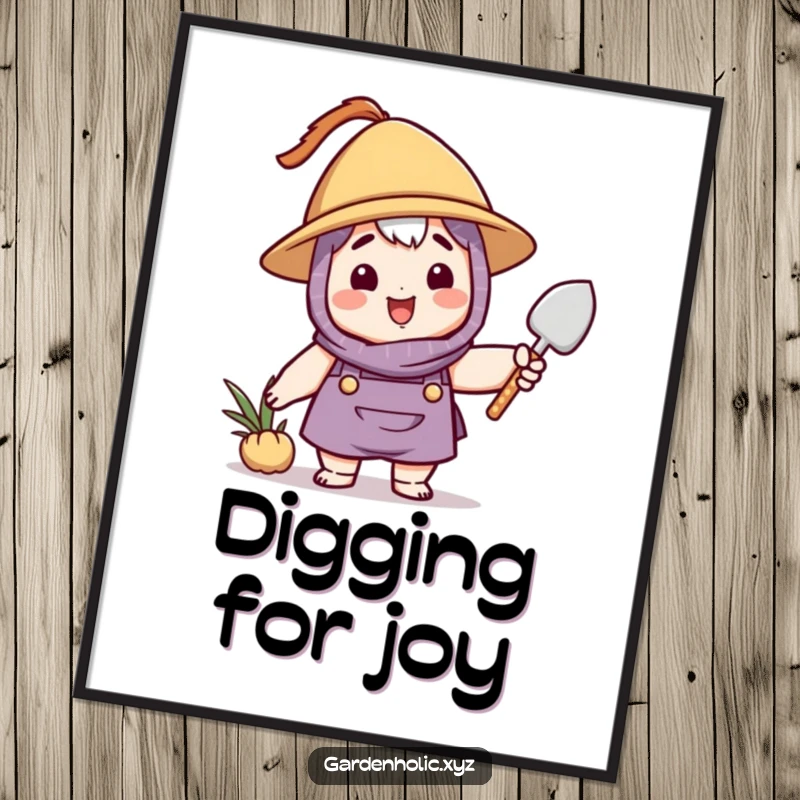 Funny gardener poster featuring a whimsical character in a hat, happily waving a small trowel, adding a touch of humor to decor.
