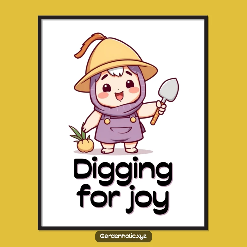 Funny Gardener Poster: Artful Character with Hat Waving Trowel - Whimsical Wall Decor Gift