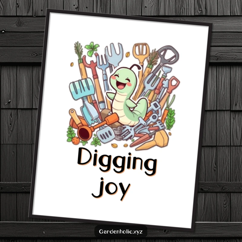 Funny poster art of a giggling worm joyfully swimming through a pile of gardening tools, celebrating garden exploration.