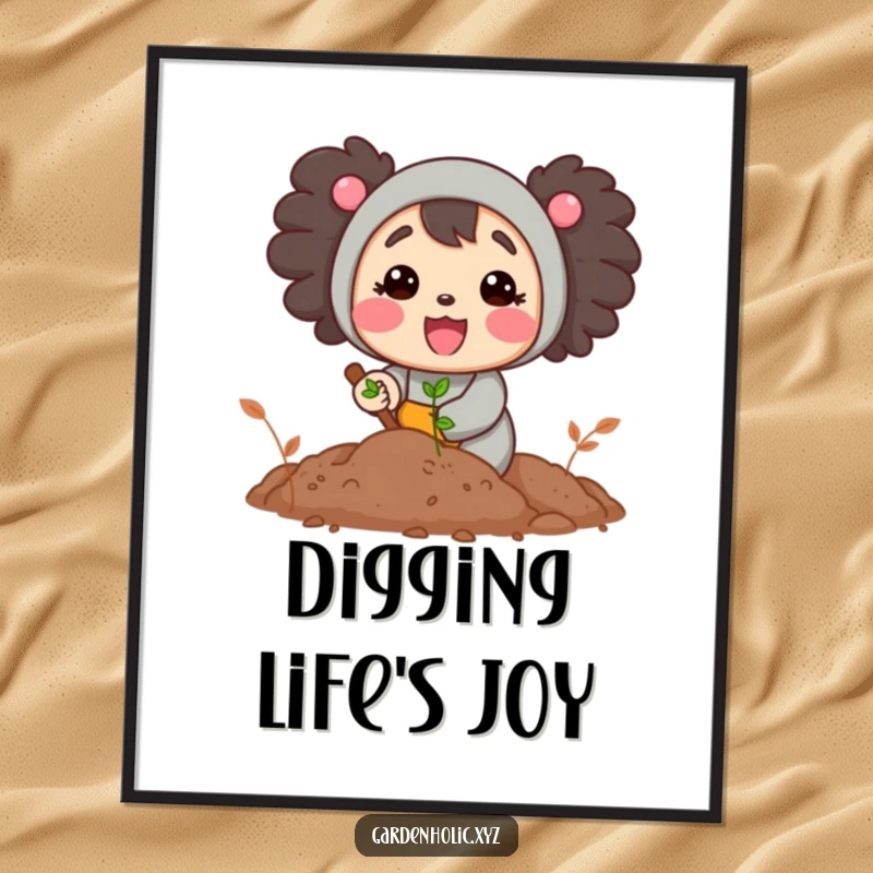 Funny poster illustrating a cheerful character's active digging in dark, rich soil, bringing a sense of outdoor happiness indoors.