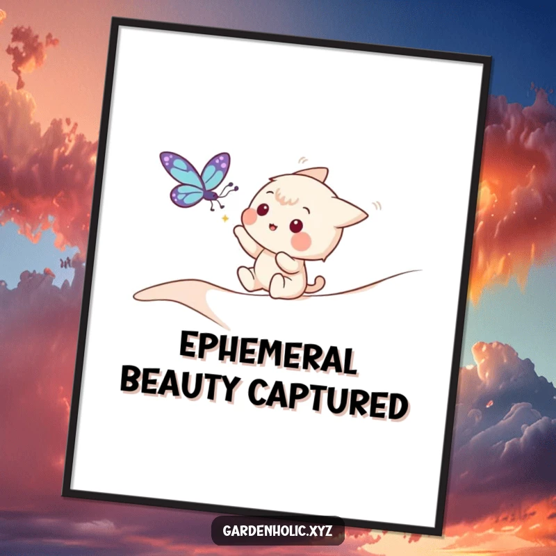 Funny poster illustrating a playful character joyfully trying to catch a delicate, fluttering butterfly.