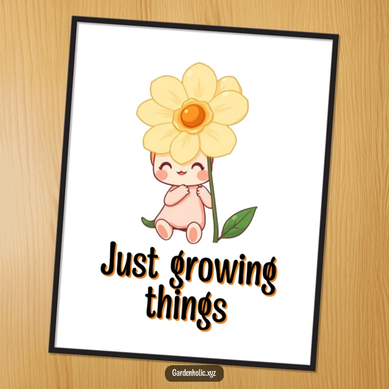 Funny poster of a happy character admiring a vibrant, fully bloomed flower, creating a serene and joyful visual statement.