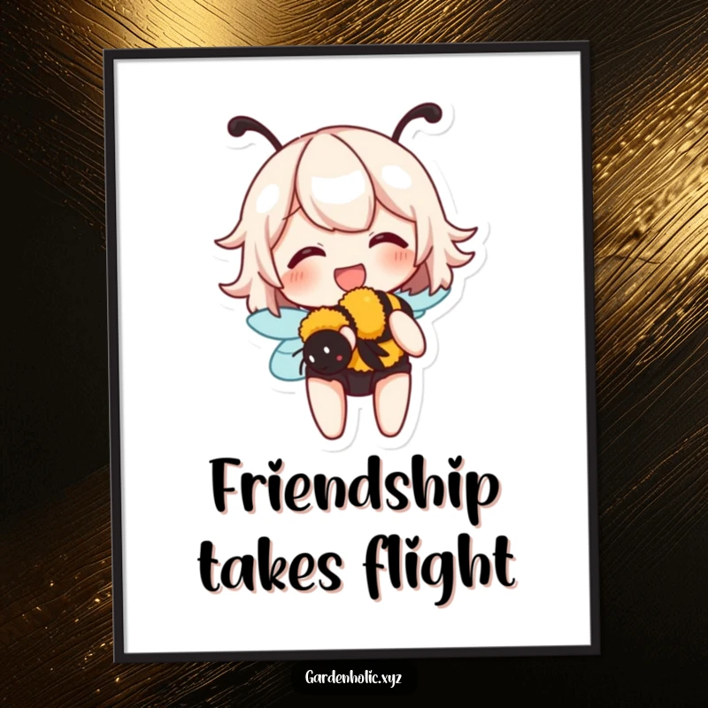 Funny poster depicting a character giggling joyfully while gently cradling a buzzing bumblebee, highlighting nature's delicate beauty.