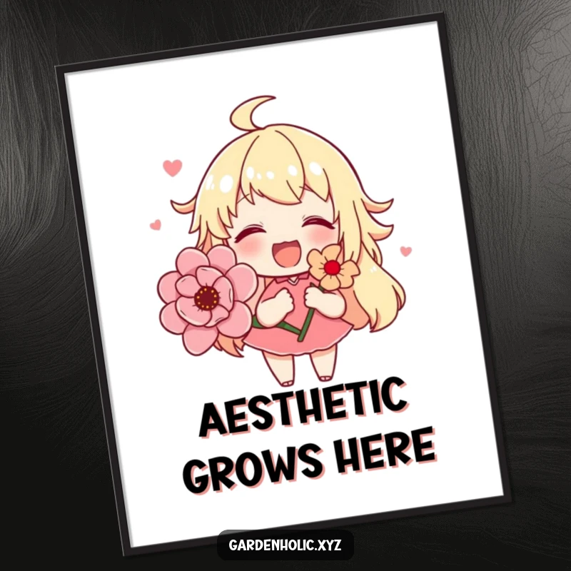Funny poster displaying a cute character beaming, holding a large, exquisite blooming flower, creating a heartwarming and cheerful visual.