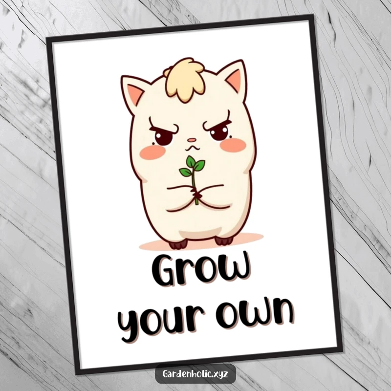 Funny poster of a determined character holding a tiny sprout, symbolizing aspiration and growth, a cheerful and funny wall art gift.