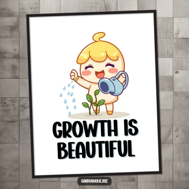 Funny gardener poster featuring a joyful character happily watering a tiny sprout, a perfect funny gift.