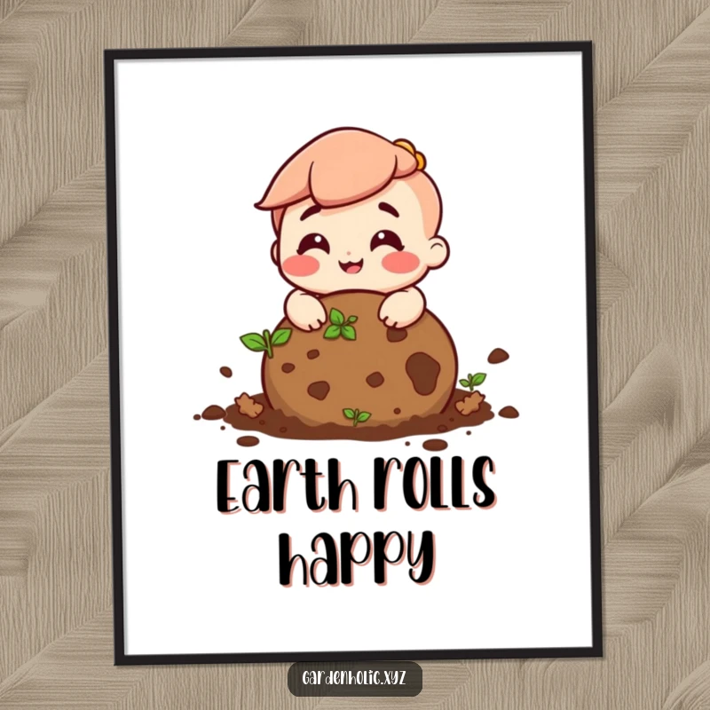 Funny poster art of a smiling character joyfully rolling a ball of soil, celebrating the love of gardening.