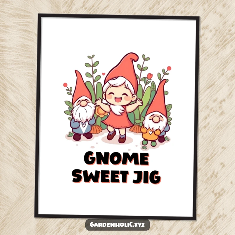 Funny joyful character dancing with garden gnomes, presented as wall art, bringing garden cheer and humorous energy indoors, a decorative funny gift.
