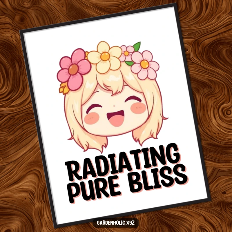 Funny poster of a joyful character wearing a vibrant flower crown and beaming with infectious happiness.
