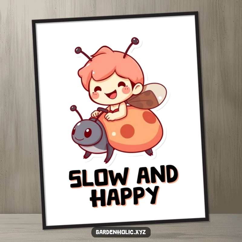 Funny poster of a cheerful character riding a ladybug, creating a whimsical scene of joy and adventure, a charming funny gift.