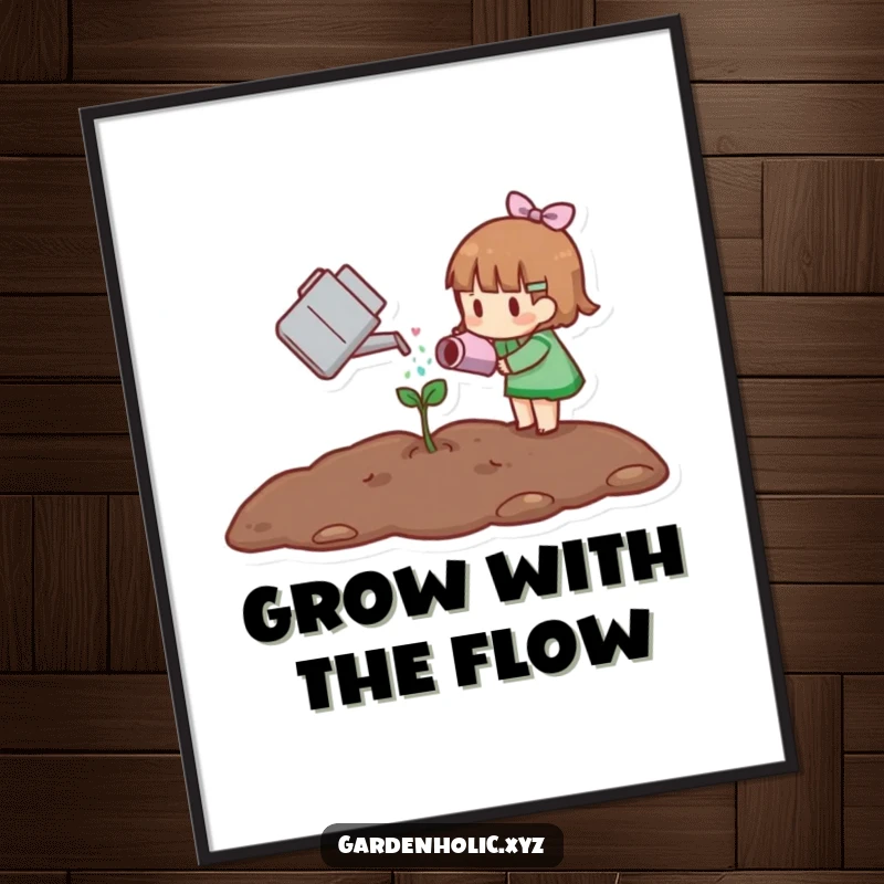 Funny poster illustrating a small character carefully watering a tiny sprout, symbolizing patience, growth, and the start of something beautiful.