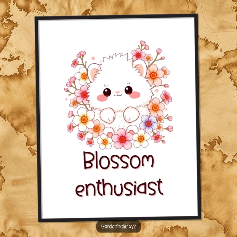 Funny poster depicting a fluffy creature surrounded by vibrant, colorful blossoms, creating a scene of pure joy and springtime beauty.