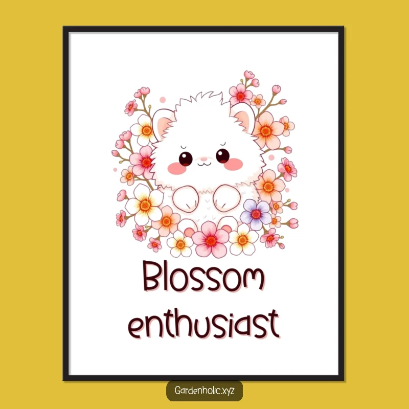Funny Poster: Fluffy Creature Amongst Blossoms, Vibrant Funny Gift