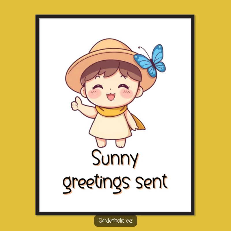 Funny Sun Hat Character Poster: Whimsical Waving Art for a Hilarious Gift!