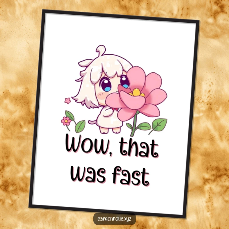 Funny poster of a character with surprised eyes watching a flower bloom rapidly, symbolizing wonder and the unexpected, a charming funny gift.
