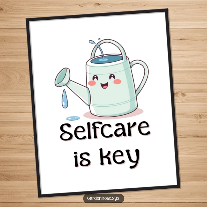 Funny watering can poster showing a tiny, delighted face on the can comically spilling water directly onto its own spout, adding whimsy.