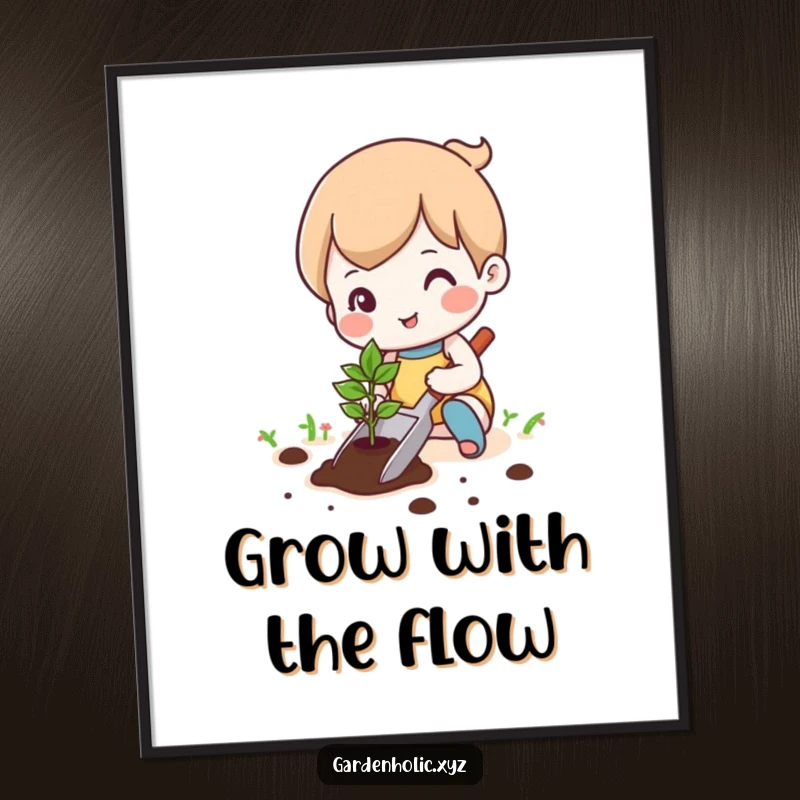 Funny cute character happily planting a tiny seedling with a trowel on a poster, cheerful wall art for garden enthusiasts, a funny gift.