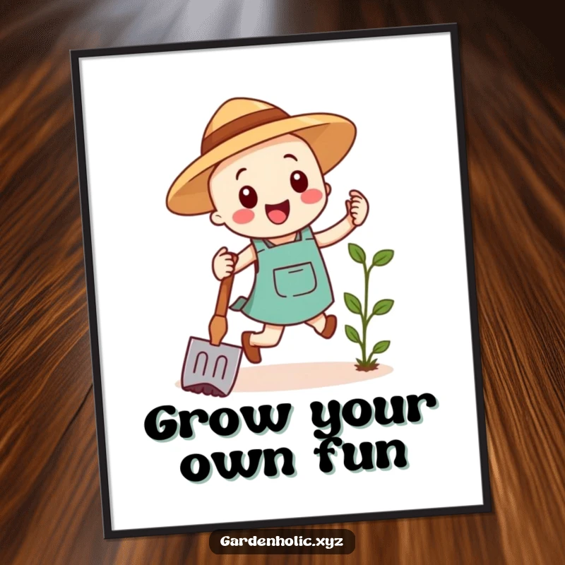 Funny poster print of a happy gardening hoe doing a cheerful hop, bringing quirky garden vibes and humor to wall decor.