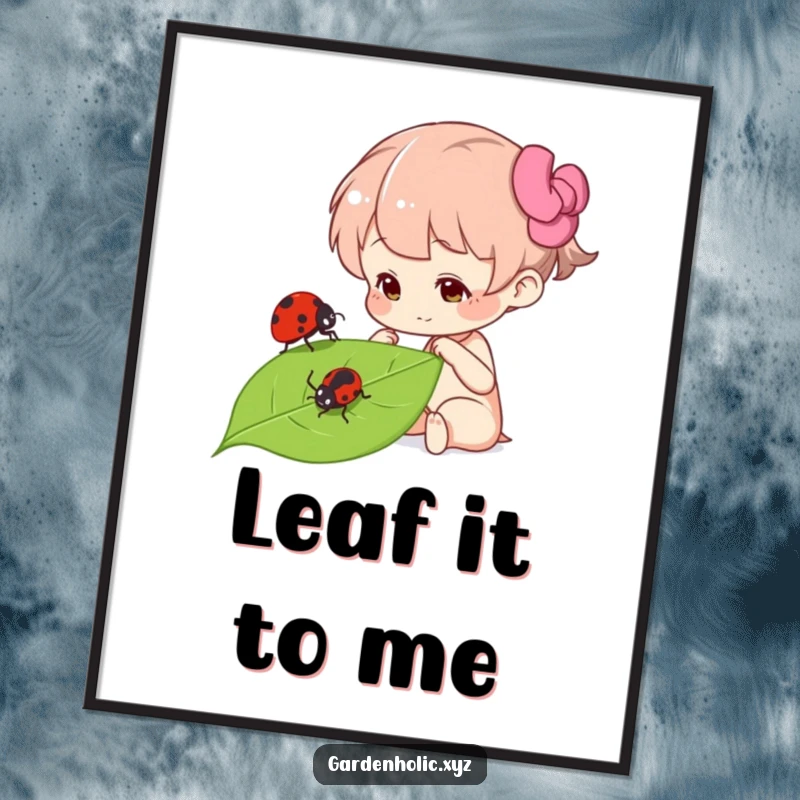 Funny curious character focused on a ladybug on a leaf, presented as wall art, bringing nature's marvels and humor indoors, a decorative funny gift.