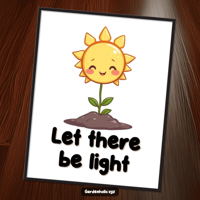 Funny poster print of a smiling sun character shining warmly on a tiny plant, adding cheerful, humorous garden art.