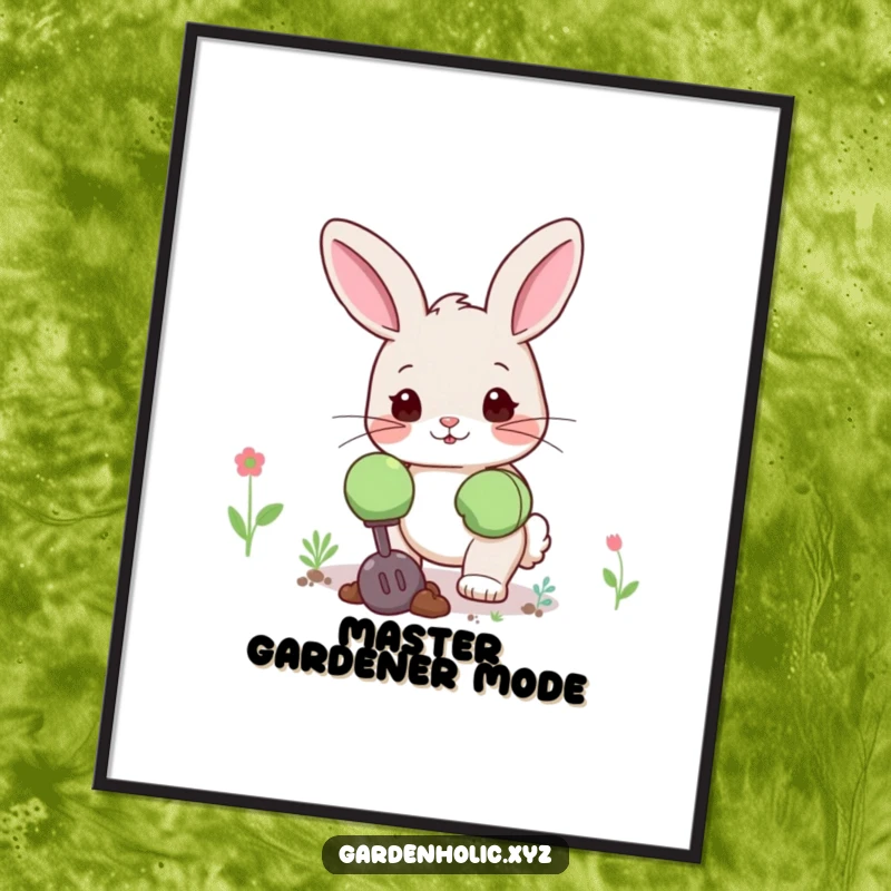 Funny bunny poster showcasing a cute bunny in oversized gardening gloves, digging happily, perfect for garden-themed wall decor and a fun gift.