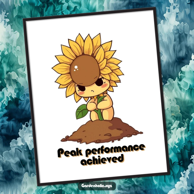 Funny poster of a determined sunflower dramatically wilting into a pile of soil, adding humorous decor to any space.