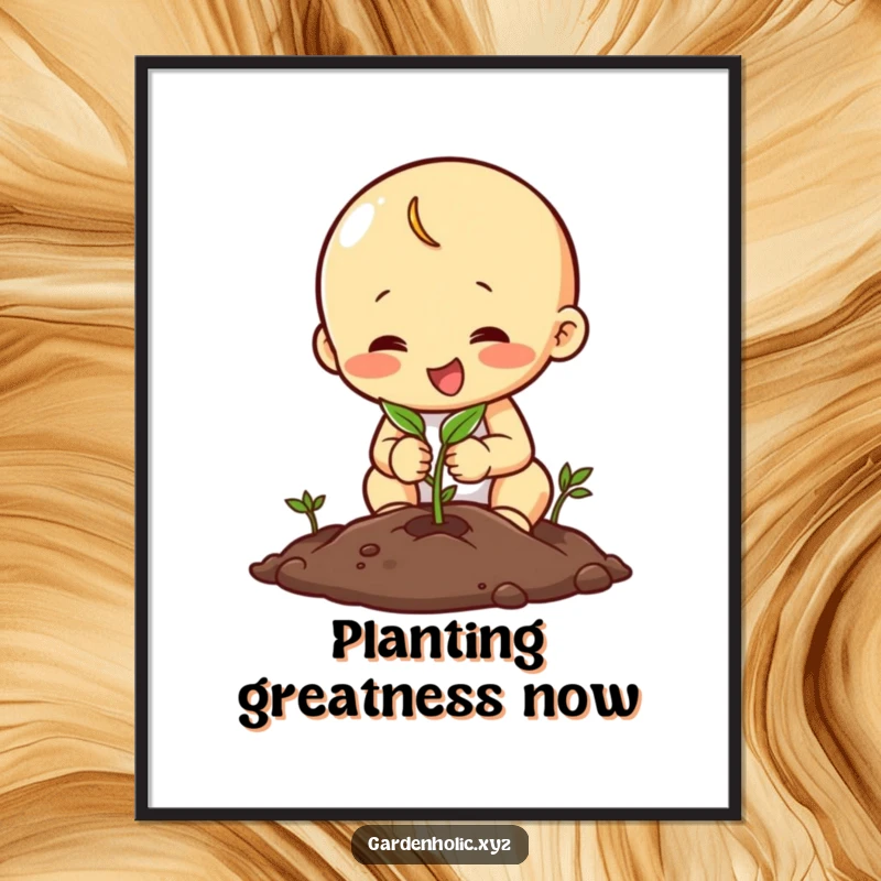 Funny poster illustrating a happy character intently planting a seed, symbolizing patience, effort, and the beginning of something beautiful.