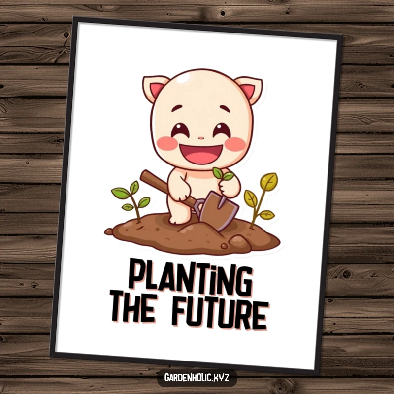 Funny poster of a cheerful character with a wide grin planting a seed using a small shovel, symbolizing new ventures.