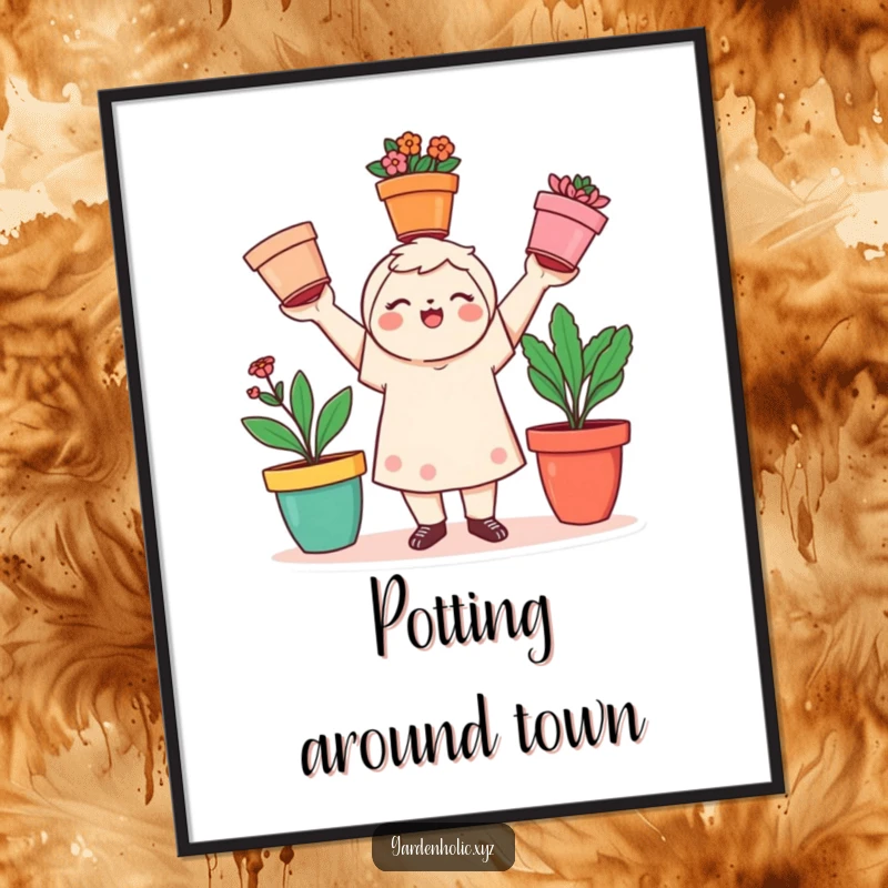 Funny gardener poster of a playful character juggling three colorful flower pots, a perfect funny gift.