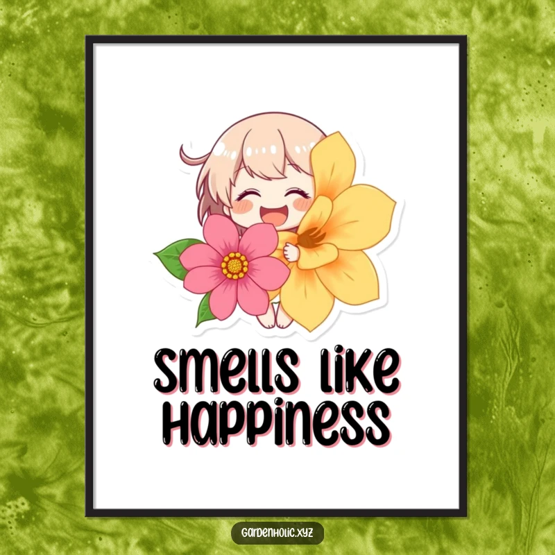 Funny poster art of a character in fits of giggles holding a beautiful, large flower, radiating pure happiness.