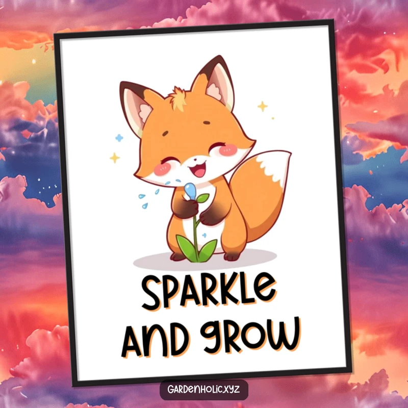 Funny fox poster showcasing a joyful fox showering a small plant with sparkling water, perfect for nature-themed wall decor and a fun gift.