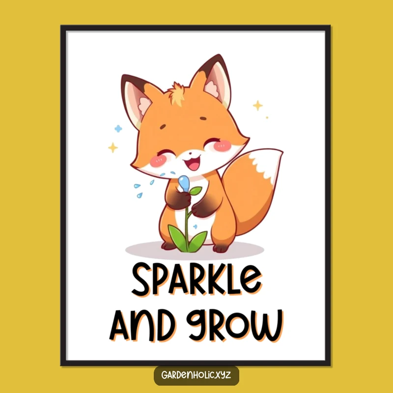 Funny Fox Gardener Poster: Joyful Fox Watering a Plant Art, Cool Nature Gift!