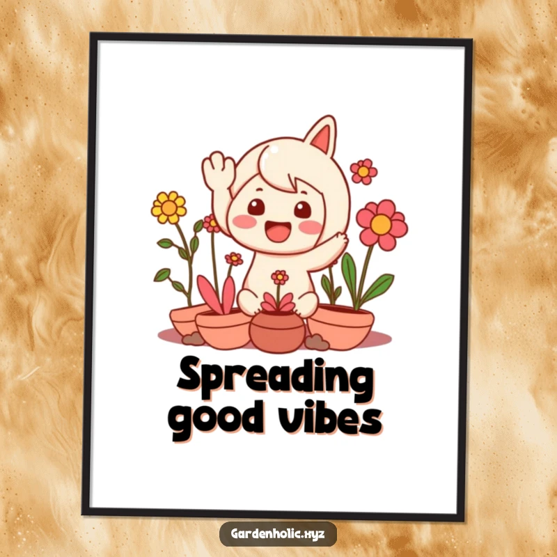 Funny poster showcasing a character joyfully waving hello, surrounded by a flourishing collection of happy, smiling plants.