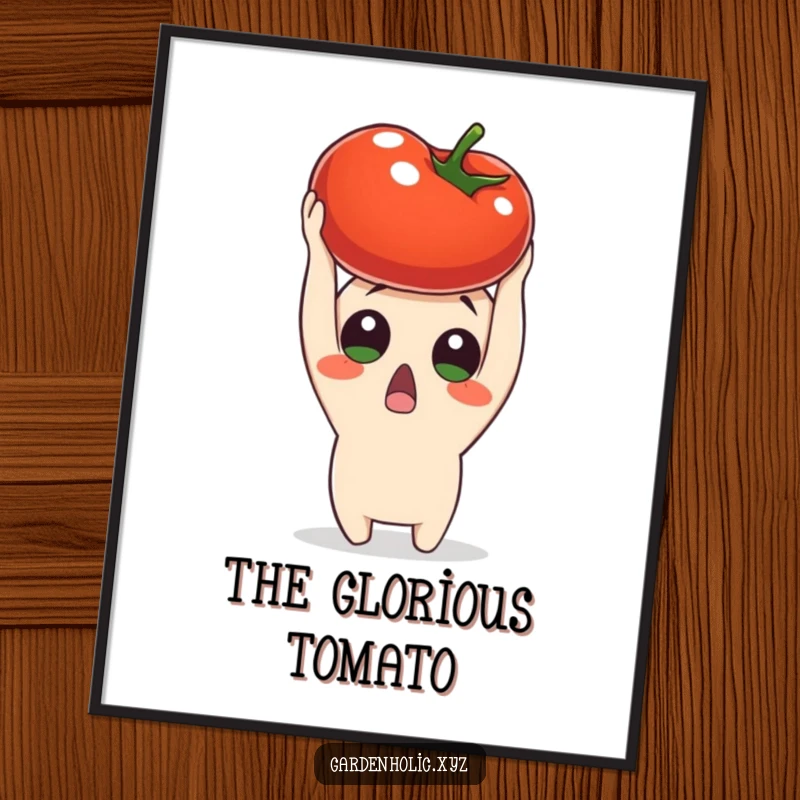Funny surprised character holding a ripe tomato overhead, presented as wall art, bringing garden joy and humorous amazement indoors, a decorative funny gift.