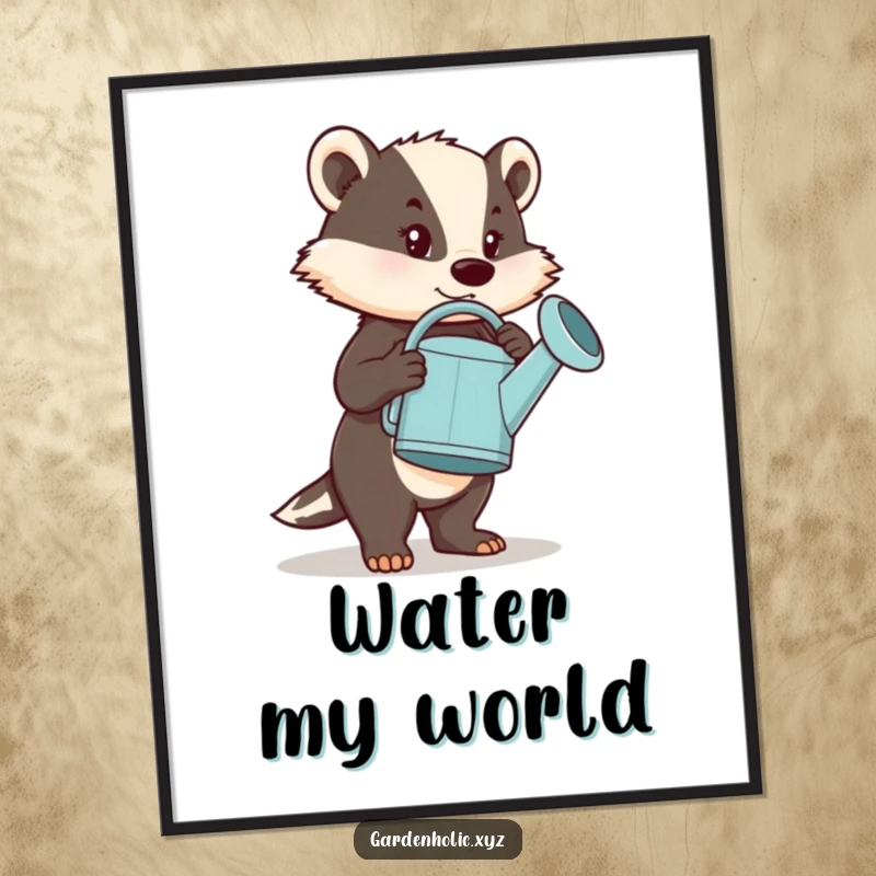 Funny Poster: A badger character displaying immense determination while carrying an unusually large watering can, offering humorous motivation.