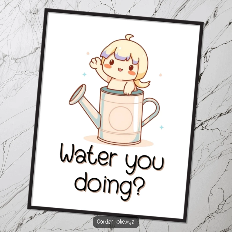 Funny poster of a small character cheerfully waving while perched on a watering can, bringing delightful garden art.