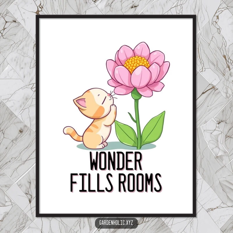 Funny cat poster of a curious cat sniffing a giant blooming flower with wonder, perfect for adding a touch of magic to decor.