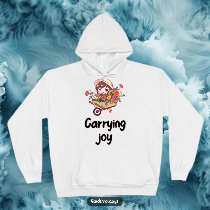 Funny hoodie depicting a character with a confident swagger carrying a wheelbarrow packed with vibrant flowers, perfect for cozy days.