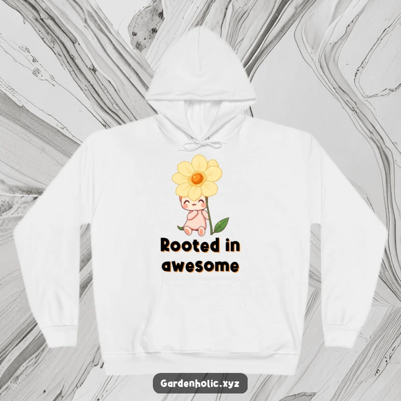 Funny hoodie depicting a joyful character captivated by a vibrant, blossoming flower, offering warmth and a touch of happiness.