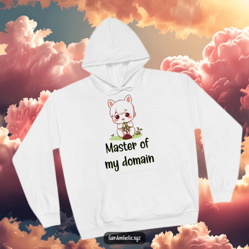Funny hoodie depicting a character with a content, focused expression, engaged in the act of carefully pruning a tiny bush.