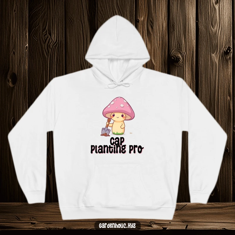 Funny mushroom on a hoodie, humorously planting its own cap with a tiny shovel, a cozy and comical design.