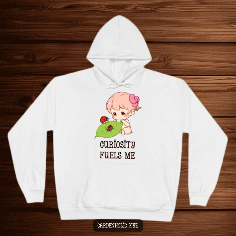 Funny curious character focused on a ladybug on a leaf, depicted on a soft hoodie, offering warmth and thoughtful amusement, a cozy funny gift.