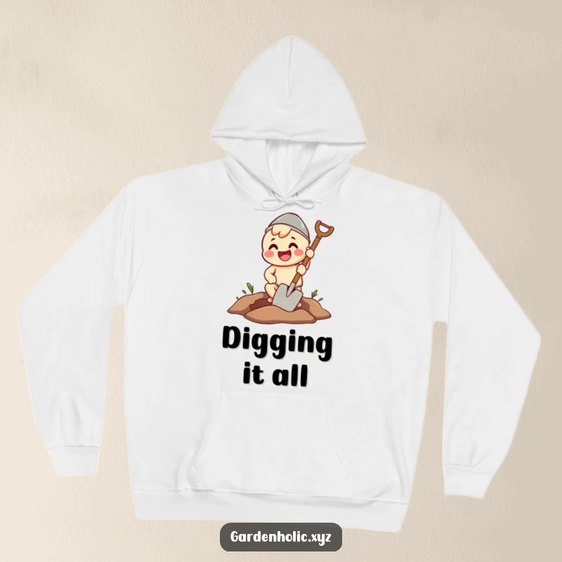 Funny hoodie featuring a beaming character enthusiastically digging a flawless hole with a spade, perfect for hobbyists.