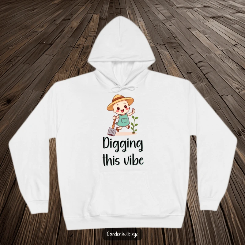 Funny hoodie showcasing a happy gardening hoe doing a joyful hop, perfect for cozy, humorous garden enthusiasts.