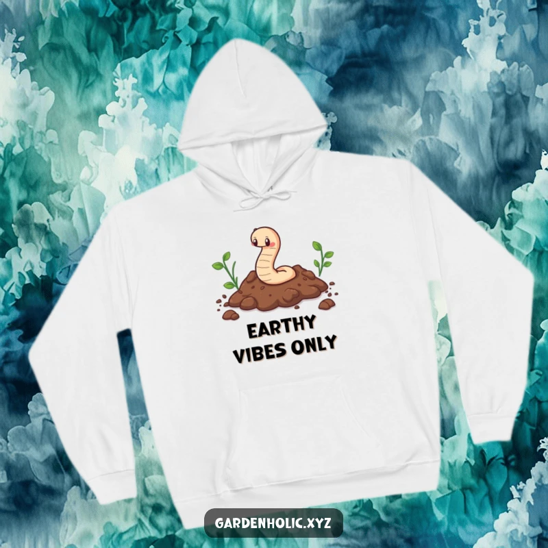 Funny hooded sweatshirt depicting a cute worm happily wiggling through soil, combining comfort and outdoor charm.