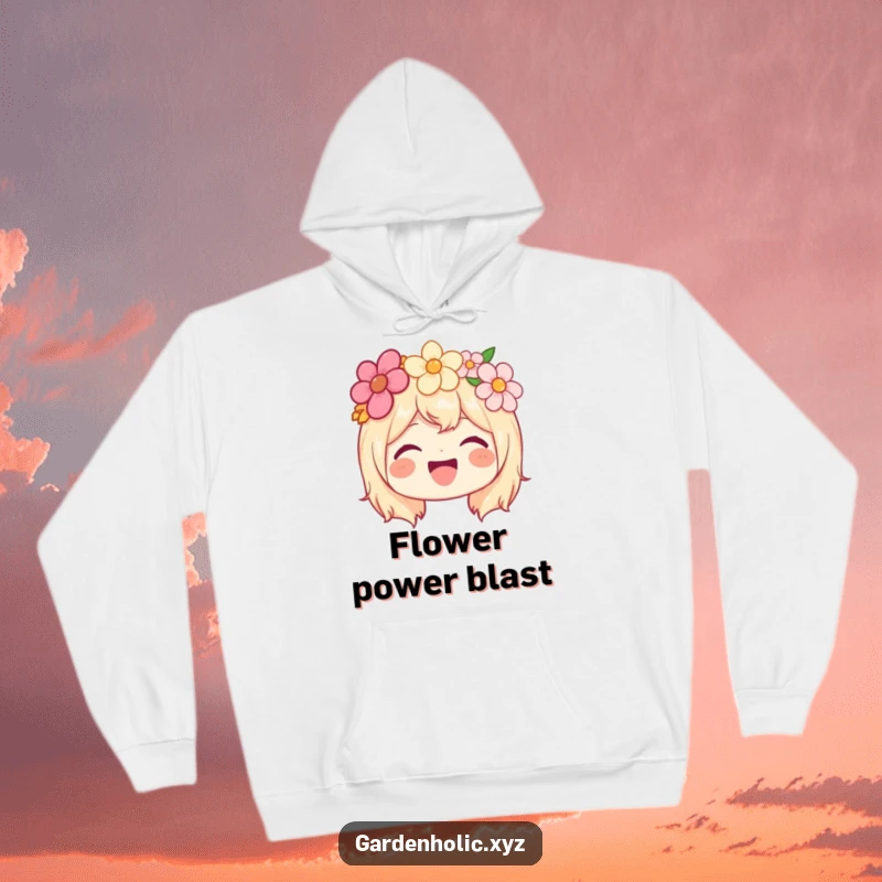 Funny hoodie with a joyful character wearing a flower crown and beaming with pure, radiant happiness.