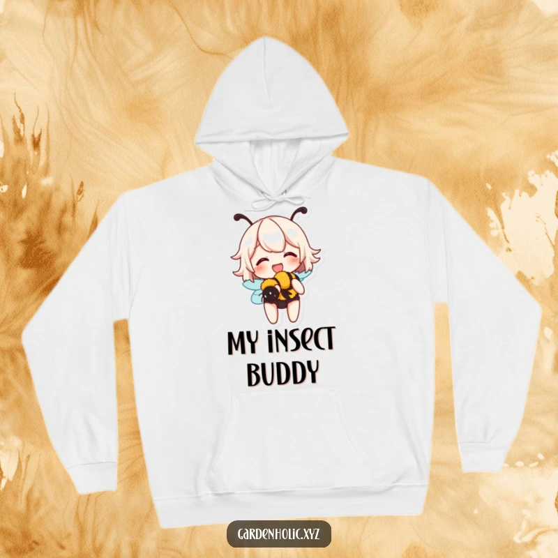 Funny hoodie featuring a character giggling contently while gently holding a buzzing bumblebee, embodying peaceful coexistence.
